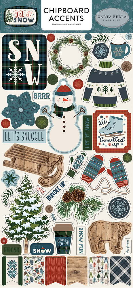 6x13 Adhesive Chipboard Accents - Let it Snow - Carta Bella